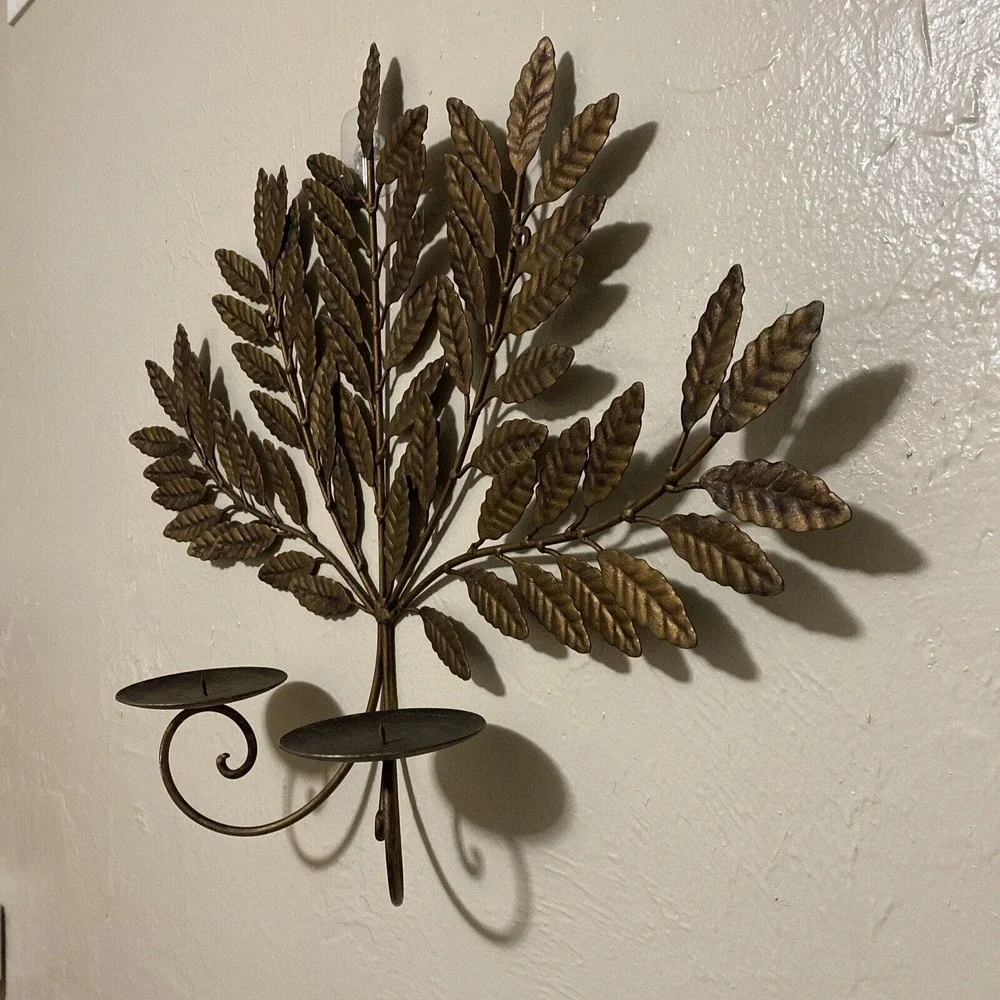 MCM Gilt Metal Leaves Double Candle Holder Wall Sconce Hollywood Regency Retro